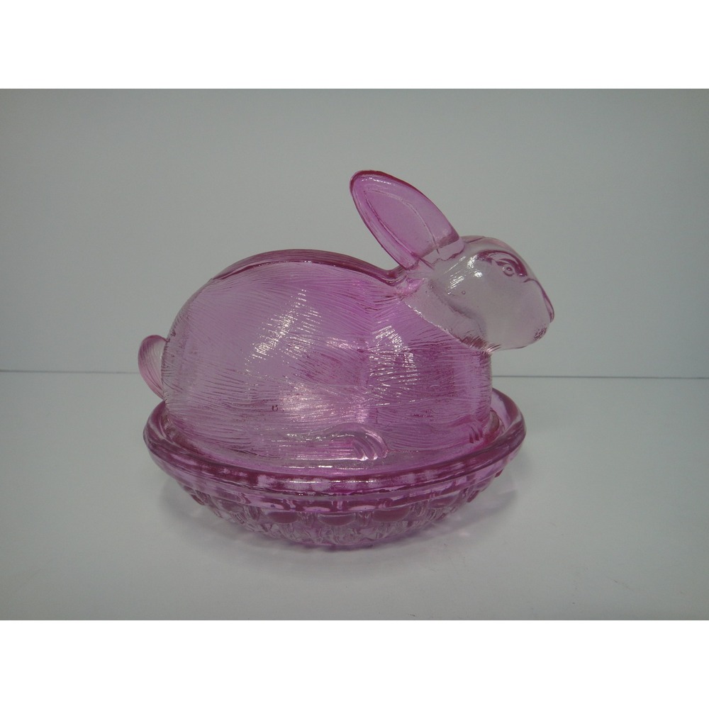 VTG Pink Glass Nesting Bunny Trinket Dish Easter Rabbit Candy Bowl Lidded 4.5"